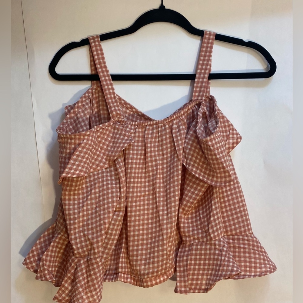 Hayden Los Angeles Gingham Cold Shoulder Bell Sleeve Ruffle Top Rust H6394 L - Picture 3 of 7